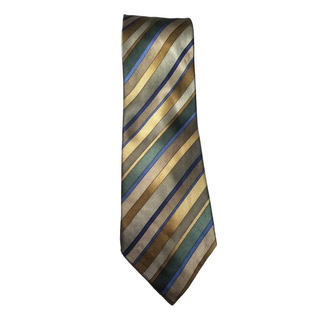 Stonehenge Striped Green Blue Gold Taupe Silk‎ Pointed Smooth Tie